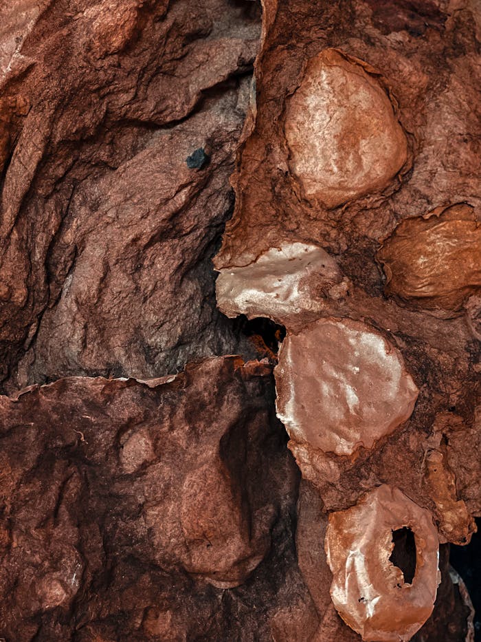 Close-up of textured rocky surface showcasing natural formations and earthy tones.